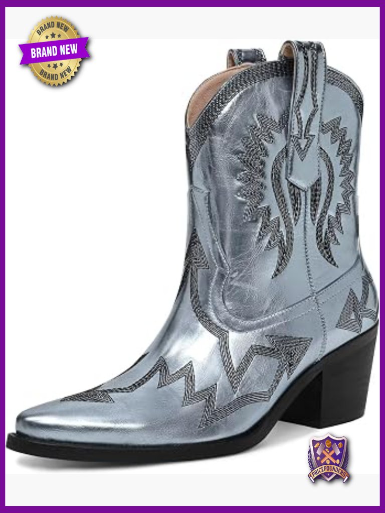 Embroidered Pointed Toe Cowgirl Boots Chunky Heel Pull-On Ankle Booties